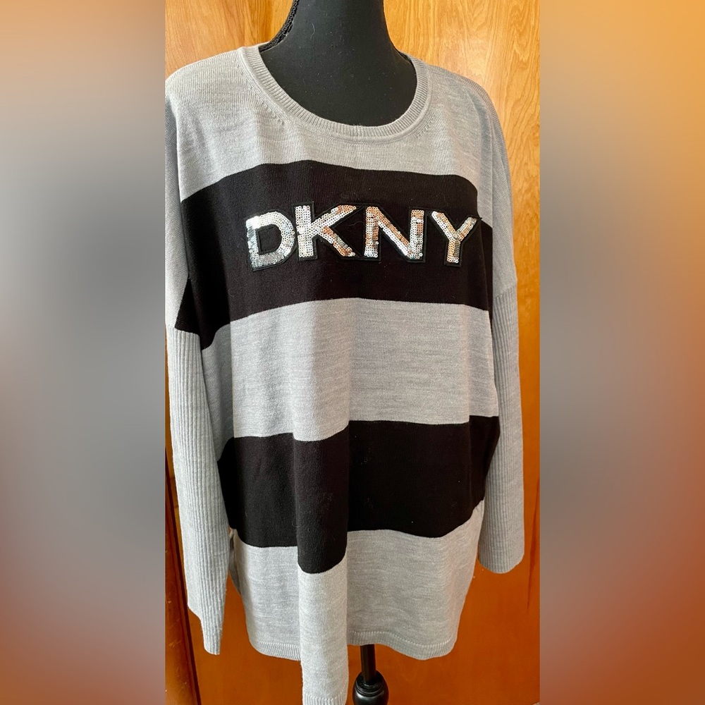 DKNY Black and Gray Sequin Logo Sweater